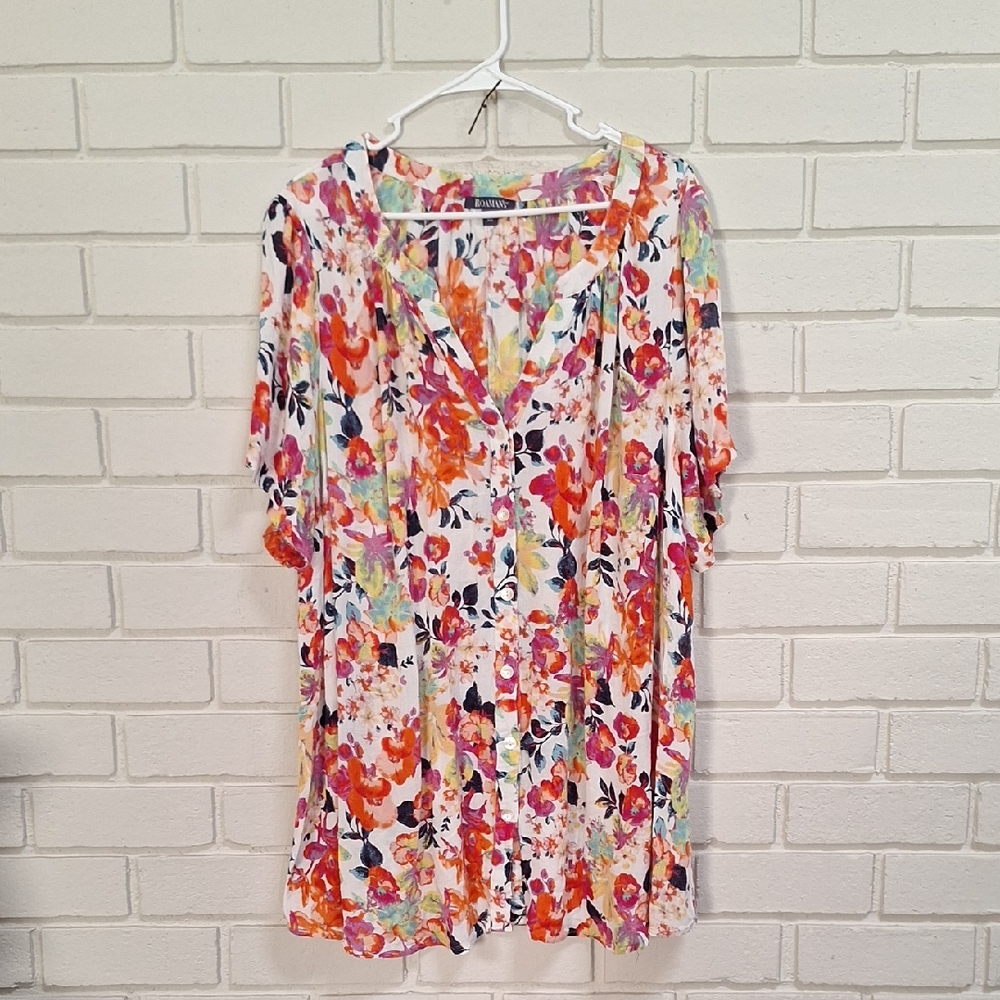 Roaman's Floral Multicolor V-Neck Button-Up Rayon Top. Size 30W